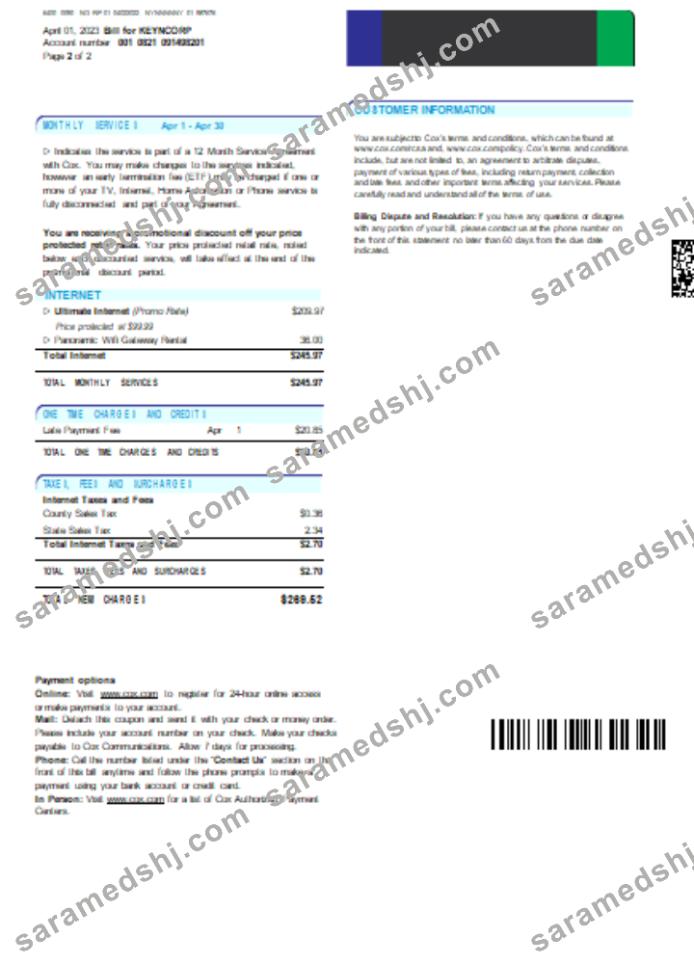 COX digital cable television utility business bill, page 2, SCR